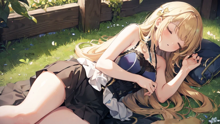 super high quality, Super detailed, Ultra-clear, forest, one person, long blonde hair, sleep, Swimsuit, Beautiful clothes with intricate details, mini skirt, Stockings