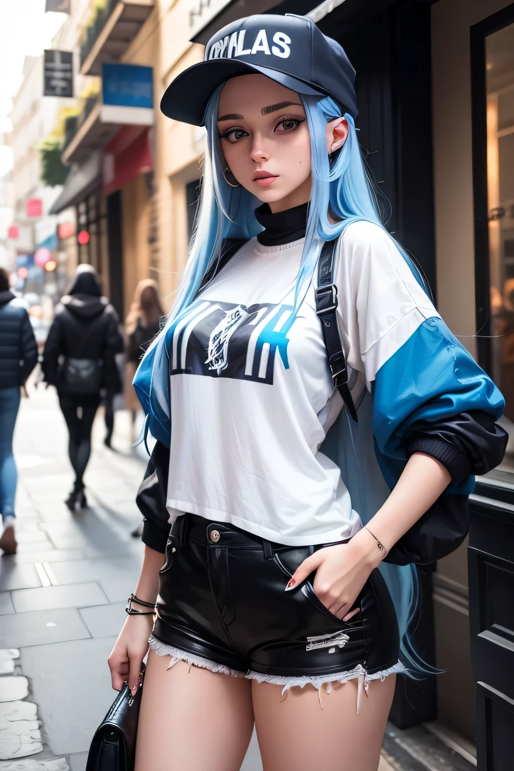 21 years old European girl. She is trendy. With long blue hair. She looks famous like a rapper.
