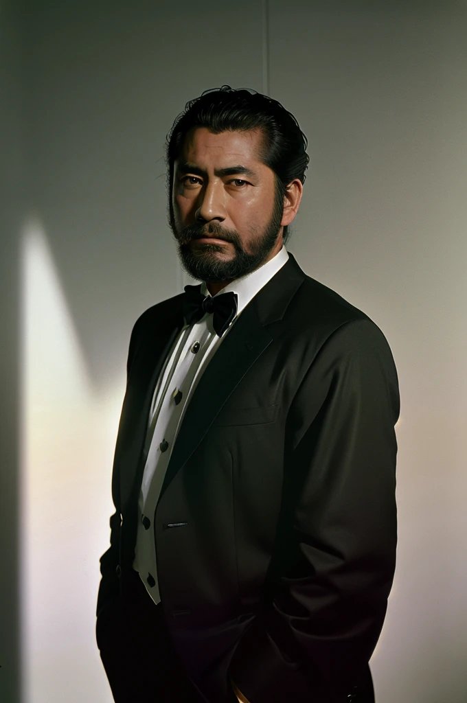 cinematic photo documentary photo, headshot  portrait,
(masterpiece, realistic, best quality, high quality, highres, ultra-detailed), 
proudly confident and handsome Toshiro Mifune with a five-oclock shadow beard, posing in a
Kenzo Takada dress shirt with French cuffs, bow tie, and Kenzo Takada tailored suit jacket, beautiful seams, streamlined silhouette
perfect studio lighting, rule of thirds, simple backdrop, incredibly colorful fabrics, unique clothing patterns, grey backdrop, simple background,
detailed face in style of Chuck Close . 35mm photograph, film, bokeh, professional, 4k, highly detailed, naked , muscle