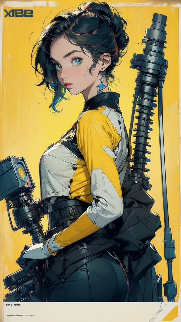 (((masterpiece, highest quality))),(((solo:1.2))),(((1girl:1.2))),32k wallpaper, very detailed, poster, vintage science fiction,(((((geometric cinematic movie poster))))), ((bauhaus)),(shape),(((abstract))),(mid century modern),movie poster,(((((portfolio))))),(((((Close-up))))),(((((bust up))))),((((more various angle)))),((((highlight)))),((((heterochromia)))),(((complete. detailed face))),((((Extremely talented)))),(((((most complecated futristic machine))))),(Colorful color scheme),(((detailed unlimited mechanic complete Equipment))),(((Absolutely deep yellow background))),(((Matte texture background))),(((Beautiful woman looking back)))