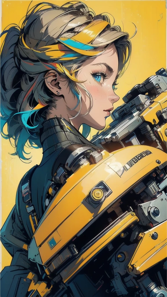 (((masterpiece, highest quality))),(((solo:1.2))),(((1girl:1.2))),32k wallpaper, very detailed, poster, vintage science fiction,(((((geometric cinematic movie poster))))), ((bauhaus)),(shape),(((abstract))),(mid century modern),movie poster,(((((portfolio))))),(((((Close-up))))),(((((bust up))))),((((more various angle)))),((((highlight)))),((((heterochromia)))),(((complete. detailed face))),((((Extremely talented)))),(((((most complecated futristic machine))))),(Colorful color scheme),(((detailed unlimited mechanic complete Equipment))),(((Absolutely deep yellow background))),(((Matte texture background))),(((Beautiful woman looking back)))