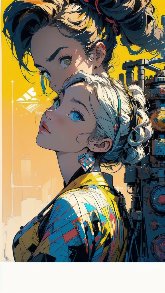 (((masterpiece, highest quality))),(((solo:1.2))),(((1girl:1.2))),32k wallpaper, very detailed, poster, vintage science fiction,(((((geometric cinematic movie poster))))), ((bauhaus)),(shape),(((abstract))),(mid century modern),movie poster,(((((portfolio))))),(((((Close-up))))),(((((bust up))))),((((more various angle)))),((((highlight)))),((((heterochromia)))),(((complete. detailed face))),((((Extremely talented)))),(((((most complecated futristic machine))))),(Colorful color scheme),(((detailed unlimited mechanic complete Equipment))),(((Absolutely deep yellow background))),(((Matte texture background))),(((Beautiful woman looking back)))