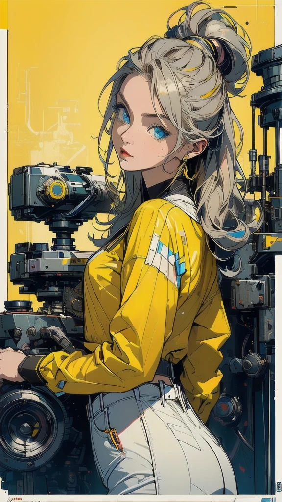 (((masterpiece, highest quality))),(((solo:1.2))),(((1girl:1.2))),32k wallpaper, very detailed, poster, vintage science fiction,(((((geometric cinematic movie poster))))), ((bauhaus)),(shape),(((abstract))),(mid century modern),movie poster,(((((portfolio))))),(((((Close-up))))),(((((bust up))))),((((more various angle)))),((((highlight)))),((((heterochromia)))),(((complete. detailed face))),((((Extremely talented)))),(((((most complecated futristic machine))))),(Colorful color scheme),(((detailed unlimited mechanic complete Equipment))),(((Absolutely deep yellow background))),(((Matte texture background))),(((Beautiful woman looking back)))