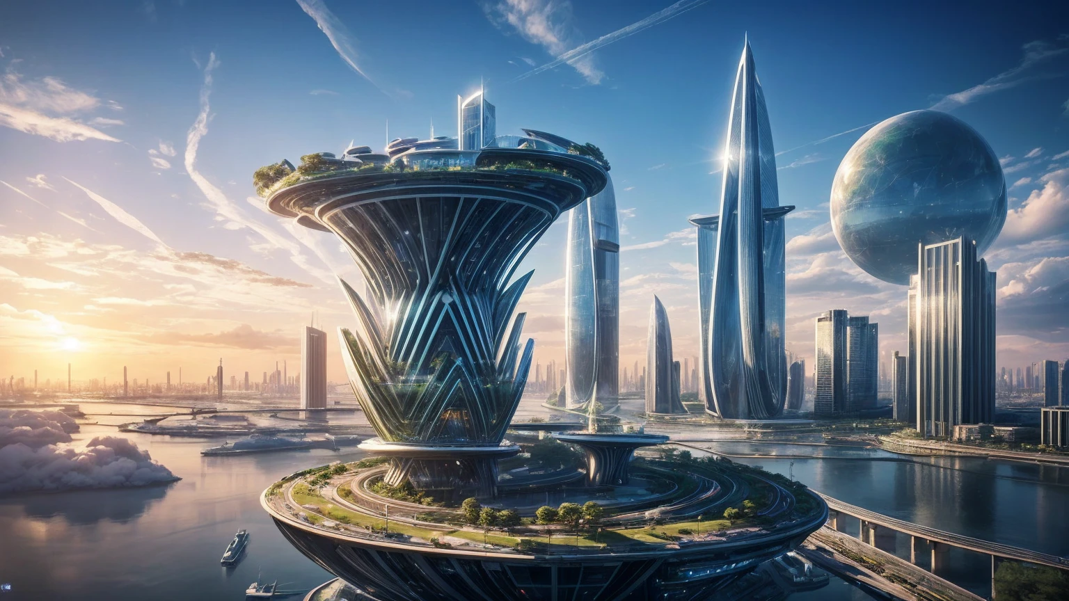 (Best quality,4K,8K,A high resolution,Masterpiece:1.2),Ultra-detailed,(Realistic,Photorealistic,photo-realistic:1.37),Futuristic floating city,Futuristic technology,Huge urban high-tech tablet platform,Airship,Floating in the sky,Futuristic city,Small airships around,High-tech hemispherical platform,Colorful lights,Advanced architecture,modernn architecture,skyscrapper,Access the cloud,Scenic beauty,view over city,Impressive design,Blend seamlessly with nature,energetic and vibrant atmosphere,Futuristic transportation system,Parking is suspended,Transparent path,Lush greenery,Sky gardens,cascading waterfalls,Magnificent skyline,reflections on the water,Sparkling river,Architectural innovation,futuristic skyscrapers,Transparent dome,The shape of the building is unusual,Elevated walkway,Impressive skyline,Glowing lights,Futuristic technology,Minimalist design,Scenic spots,Panoramic view,Cloud Piercing Tower,Vibrant colors,epic sunrise,epic sunset,Dazzling light display,magical ambiance,The future city,Urban Utopia,LuxuryLifestyle,Innovative energy,sustainable development,Smart city technology,Advanced infrastructure,Tranquil atmosphere,Nature and technology live in harmony,Awesome cityscape,Unprecedented urban planning,Architecture connects seamlessly with nature,High-tech metropolis,A cutting-edge engineering marvel,The future of urban living,Visionary architectural concept,Energy-efficient buildings,Harmony with the environment,A city floating above the clouds,Utopian dreams become reality,The possibilities are endless,State-of-the-art transportation network,Green energy integration,Innovative materials,Impressive holographic display,Advanced communication system,Breathtaking aerial view,Quiet and peaceful environment,Modernist aesthetics,Ethereal beauty