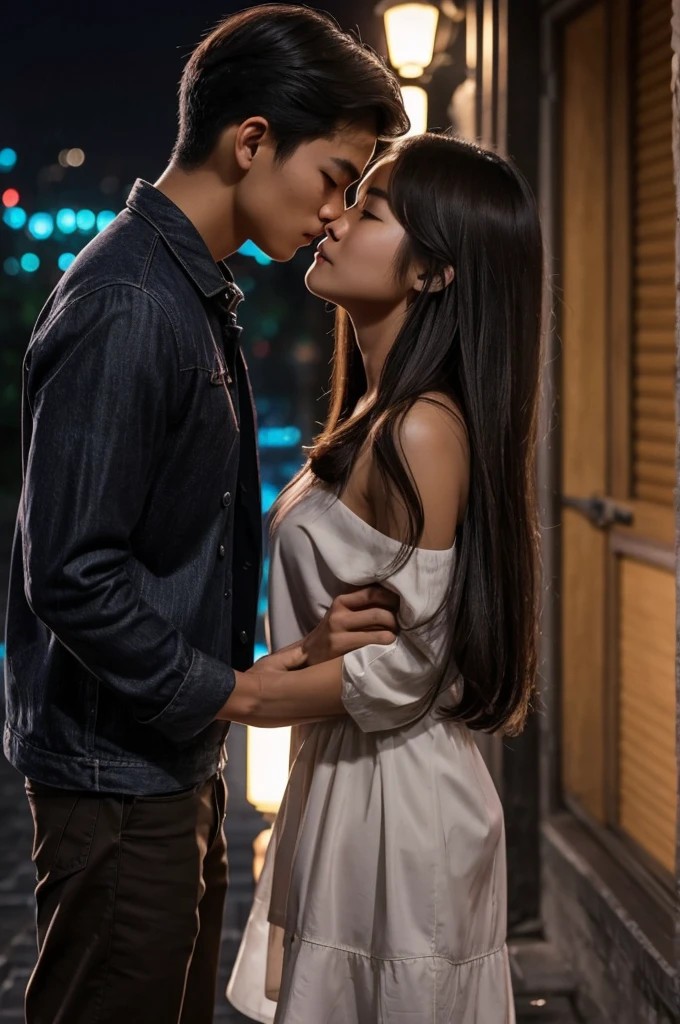 @Meta AI imagines a young man with Vietnam traits of 1.69 kissing a cute caucasian woman with shoulder length dark brown hair 1.74. standing under the moonlight on a rainy day (the woman must be taller)
