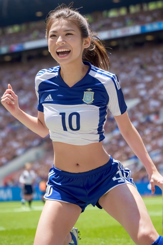 (((hyperRealistic face)))((((extreme Realistic skin detail))) (face with detailed shadows) (((Argentina)))、((Argentina Soccer))、(masterpiece:1.2, Highest quality), (Realistic, photo_Realistic:1.9), (((Photoshoot))). RAW photo, (Fisheye effect:1.2), (a photo of 25y.o. irish woman:1.3),(small:1.1), ((Belly button))、((Tie up the bottom of your shirt))、(Small breasts:1.2), dim lit, (Skin with attention to detail, Detailed eyes:1.1), 8K Ultra HD, Digital SLR, soft lighting, Intricate details, Highest quality, Film Grain, Fujifilm XT3, analog style, Instagram, only tok, (skinny:1. 2), (Preppy Style:1. 2), Put your hair up, hair on the side, (Wavy Hair:1.1), (brown hair:1.1), (Greasy Hair:0.8), (rouge makeup:1.0), (in disco:1.2), (smile:1.2), (Surprised eyes:1.2), (wearing a blue soccer jersey and blue shorts, white knee-high socks and gloves), She is a sporty girl with brown hair and brown eyes playing soccer in a stadium full of spectators in the stands. She is celebrating a goal. She is jumping with happiness. She is wearing a argentia national team jersey and soccer shorts with the number 10 printed on them. He has a soccer ball and perfect hands and runs with speed and agility. She loves soccer and is celebrating a goal, always energetic and competitive. She has a confident personality and a friendly smile. She is loyal and supportive and motivates everyone with her enthusiasm. She enjoys playing with her teammates and scoring goals. She is passionate about soccer and teamwork. She is cute and friendly, and everyone likes her. 8K picture quality、detailed CG images、(hight resolution, Best Quality, masutepiece:1.4), (1womanl :1.3), tall thin legs, Sparkly skin, narrow hips, Teeth on the skin, big breastes, (Woman in soccer shirt showing breasts:1.3), football shorts, Short shorts,(((裾を縛る)))、((へそ出し))、 Sweating Lots, (Above the football stadium:1.2), taut clothes, Angry look, Sprinting, Beautiful、)