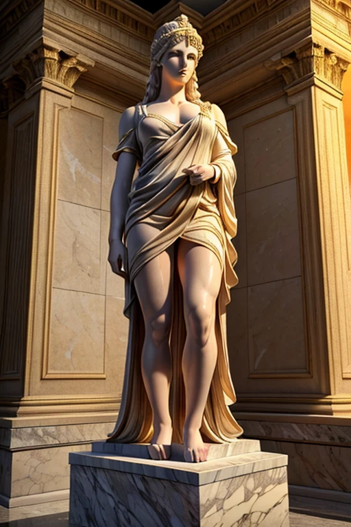 White marble Statue (best quality,4k,8k,highres,masterpiece:1.2),ultra-detailed,(realistic,photorealistic,photo-realistic:1.37),detailed ancient greek white marble statue, woman dressed in traditional dress peplos,dramatic lighting,chiaroscuro,classical architecture,detailed facial features,ornate pedestal,dramatic shadows,warm color tones