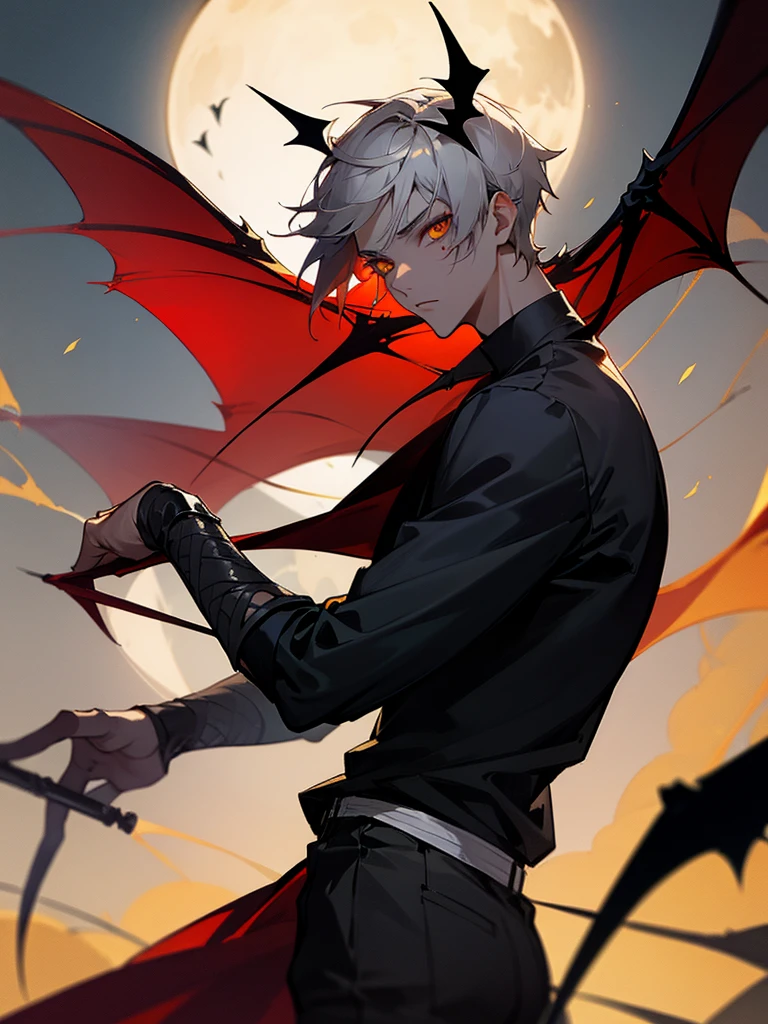 Sword, light gray short hair, man, bat wings, golden eyes, cool casual black outfit, spider lily, red makeup, moonlight