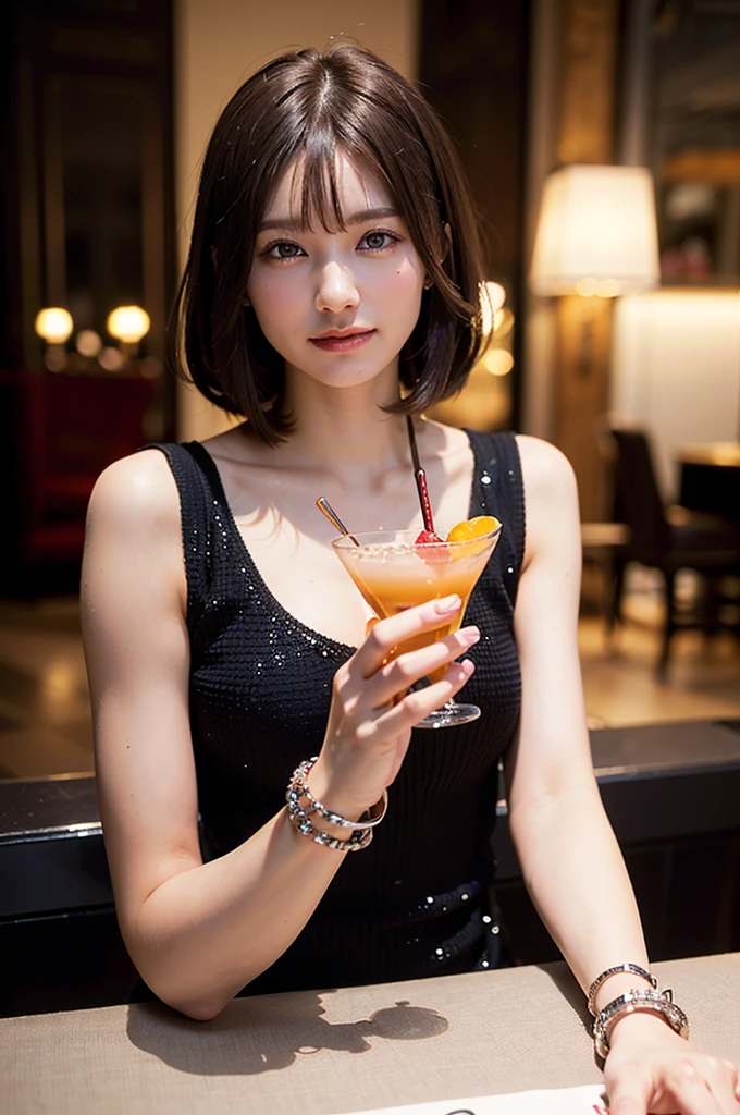 (photo-realistic:1.3), (8k, best quality:1.2), ultra-detailed, elegant, sharp focus, solo, extremely detailed face and eyes, beautiful hair, ((perfect body,16years old,brown short hair, Chanel cocktail dress, diamond bracelet)), sipping martini, Monte Carlo casino, mysterious half-smile, intense gaze, slight raise of eyebrow