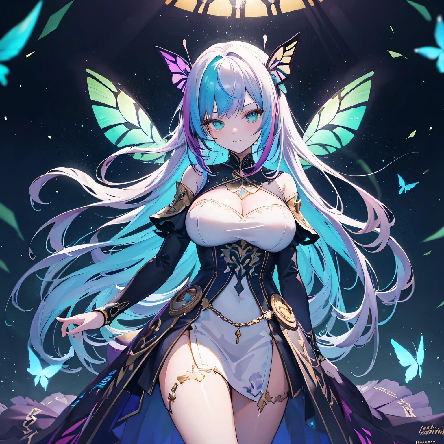 1girl, masterpiece, extremely detailed, ((cinematic lighting)), (glowing), ((dramatic lighting)), ((beautiful detailed glow)), intricate detail, lens flare, multicolored hair, rainbow hair, long hair, multicolored dress, butterfly hair ornament, butterflies, (light particles), arms behind back, large breasts, [curvy], cowboy shot, light smile, green eyes, church, stained glass, spotlight, dark background, floating hair, looking at viewer, ((colorful))