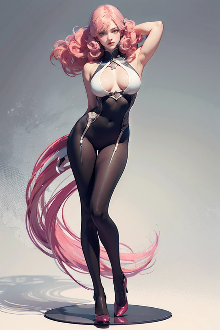 Masters of Animation, A perfect masterpiece, On a snow-white background、Cool outfits, y and modern clothing、Sexaturen woman standing, Flowing pink hair, Spanish Curly Hair, Full Body Stand Posture, Thin legs, ((Large Breasts)), D facial details, Natural and beautiful standing posture, Crisp and realistic body detail,(NSFW:0.9)