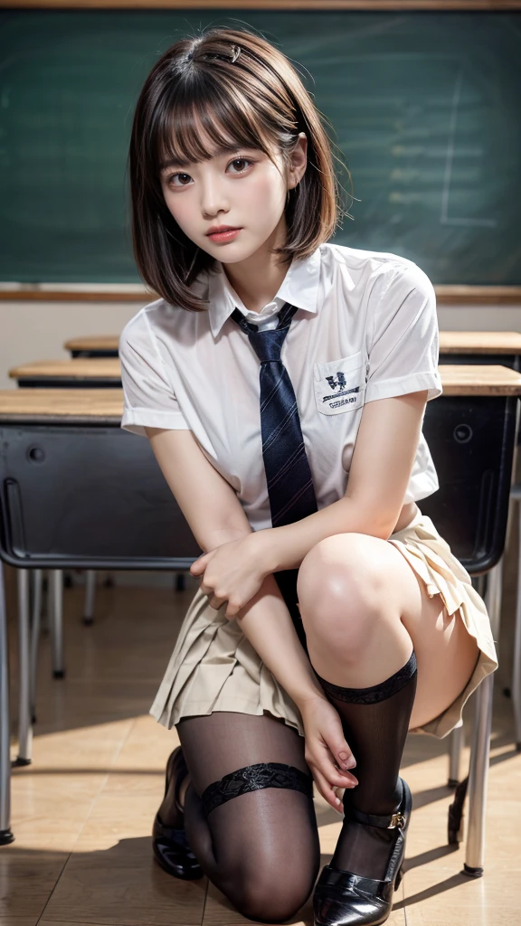 legs open, She wants sex, Piece flies, best quality, Illustration, super detailed, fine details, High resolution, 8k,backdrop, Perfect dynamic composition,(Details High quality, Realistic representation of the eyes:1.3), (white school shirt :1.2), (pleated skirt :1.3), Tie black, black hold-up stockings, Stand, open legs, Short bob hair, in a classroom, Tafel im backdrop, deep in the field, big , Black hair color, Large lipstick in natural color, (perfect body shape), cry a little、Cold look, Harajuku-Stil、30 year old girl、cute guy、Lolita、nice legs, Idol engraving