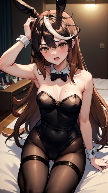 indoor, hotel, on bed, dark room, night, 1girl, tsurime, slanted eyes, upturned eyes, eyelash, (yellow eyes:1.3), (absurdly long hair:1.3), small breasts, beauty dressed as a bunny girl, ((high leg, high cut), strapless leotard, (black color) Bunny suit, playboy bunny, Bunny girl, Black color bunny costume:1.2), pantyhose, bow tie, detached collar, masterpiece, best quality, perfect anatomy, highres, cinematic lighting, uncensord, BREAK, nsfw, ((sex), (((1boy, hetero, penis)), cum in pussy, cum drip, cum dump, cum pool, cowgirl position, girl on top, stradding), wide legs), pov, embarrassed, (orgasm1.2), ahegao, sweat, wet, steam, open mouth, blush, (steam:1.1), (ecstasy:1.2, slut:1.2, vulgarity:1.2, fucked silly:1.3, trembling:1.2), drooling, tears,