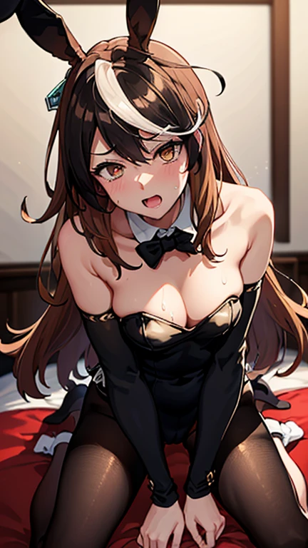 indoor, hotel, on bed, dark room, night, 1girl, tsurime, slanted eyes, upturned eyes, eyelash, (yellow eyes:1.3), (absurdly long hair:1.3), small breasts, beauty dressed as a bunny girl, ((high leg, high cut), strapless leotard, (black color) Bunny suit, playboy bunny, Bunny girl, Black color bunny costume:1.2), pantyhose, bow tie, detached collar, masterpiece, best quality, perfect anatomy, highres, cinematic lighting, uncensord, BREAK, nsfw, ((sex), (((1boy, hetero, penis)), cum in pussy, cum drip, cum dump, cum pool, cowgirl position, girl on top, stradding), wide legs), pov, embarrassed, (orgasm1.2), ahegao, sweat, wet, steam, open mouth, blush, (steam:1.1), (ecstasy:1.2, slut:1.2, vulgarity:1.2, fucked silly:1.3, trembling:1.2), drooling, tears,