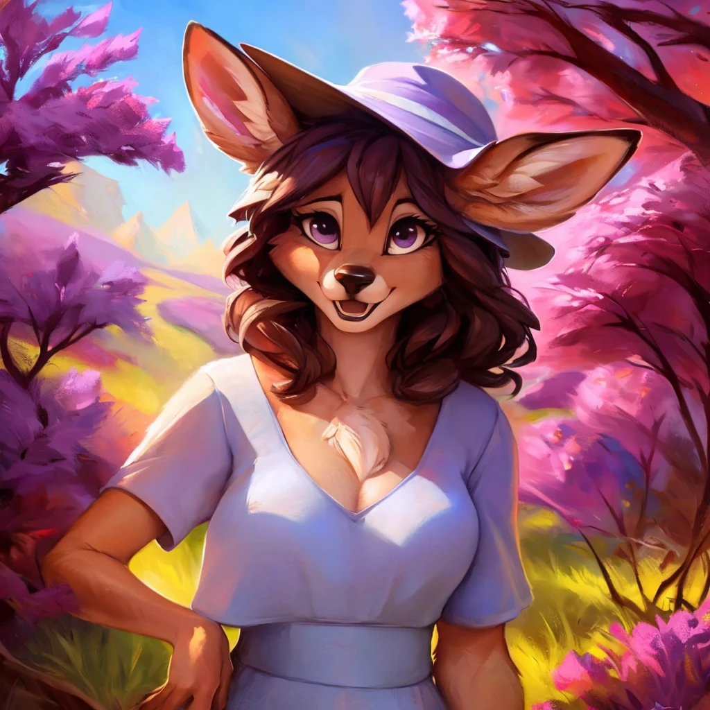 uploaded on e621, artstation, by Pixelsketcher, by Bayard Wu, by Thomas Benjamin Kennington , by Einshelm, by hioshiru and kenket, Chunie, portrait, solo anthro female deer doe, with small featureless breasts, clear dark blue, cinematic lighting, day, sunny day, lavender field, stays in a lavender field, lavender field background, mediterranean background, horizon background, shiny, short curly dark brown hair, wears big black nerd glasses, very very beautiful furry art, furry art, smiling, joyful, shiny, happy, feminine, cute face, muzzle, fluffy chest, flawless face, Fallow deer, 1girl, Sakimichan is beautiful, Masterpiece, Wavethesallow Face, shiny, Detailed image, portrait, Detailed image, portrait, full body, wearing pure white and wide spaghetti straps dress, wearing big and wide beige summer straw hat, shiny, realistic face, perfect anatomy, hourglass body, (furry body:1.1), anthropomorphic deer, looks at the viewer, small fluffy tail, detailed background, (cute anatomy:1.1), walks in a lavender field
