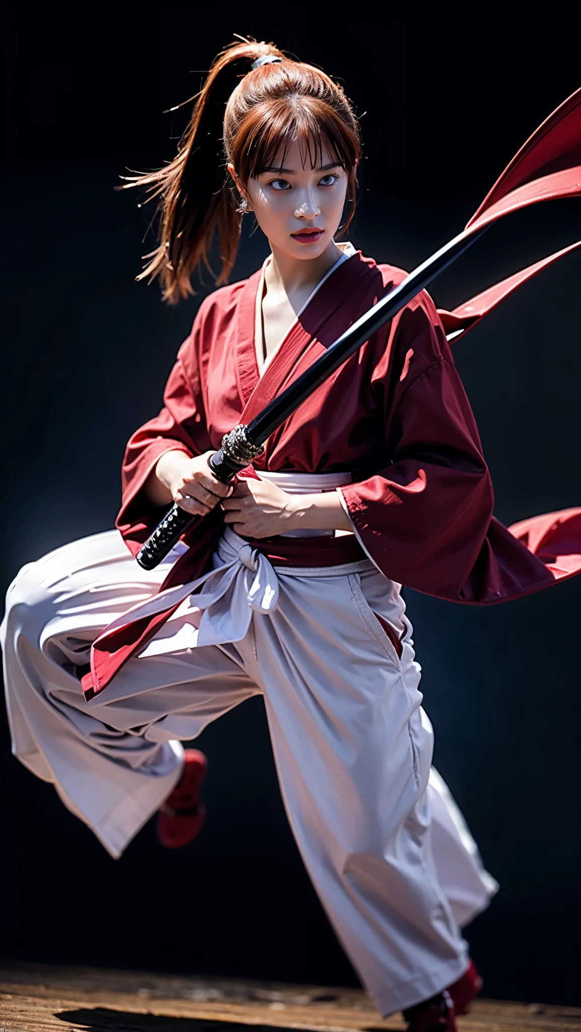 "Rurouni Kenshin",
Moment of enthusiasm, Bold,
Capturing the essence of her fiery determination and indomitable spirit, She explodes in rage, Strongly conveys the raw power of Kenshin's rage, Emphasizing the intensity of the scene, The woman is in a determined stance,
Action with a straight sword in hand,
Long hair, Ponytail, Red hair, ((Red eyes)), Bright red lipstick,
Katana, Holding a sword in hand,
Cross sign on left cheek,
High quality, Realistic,
20-year-old woman,
She wears a red kimono with an intricate pattern, Combined with a white hakama,
The lighting is realistic, (Masterpiece+Top quality+High resolution+Very detailed), (Full body:1.2),Symmetrical, One cut,