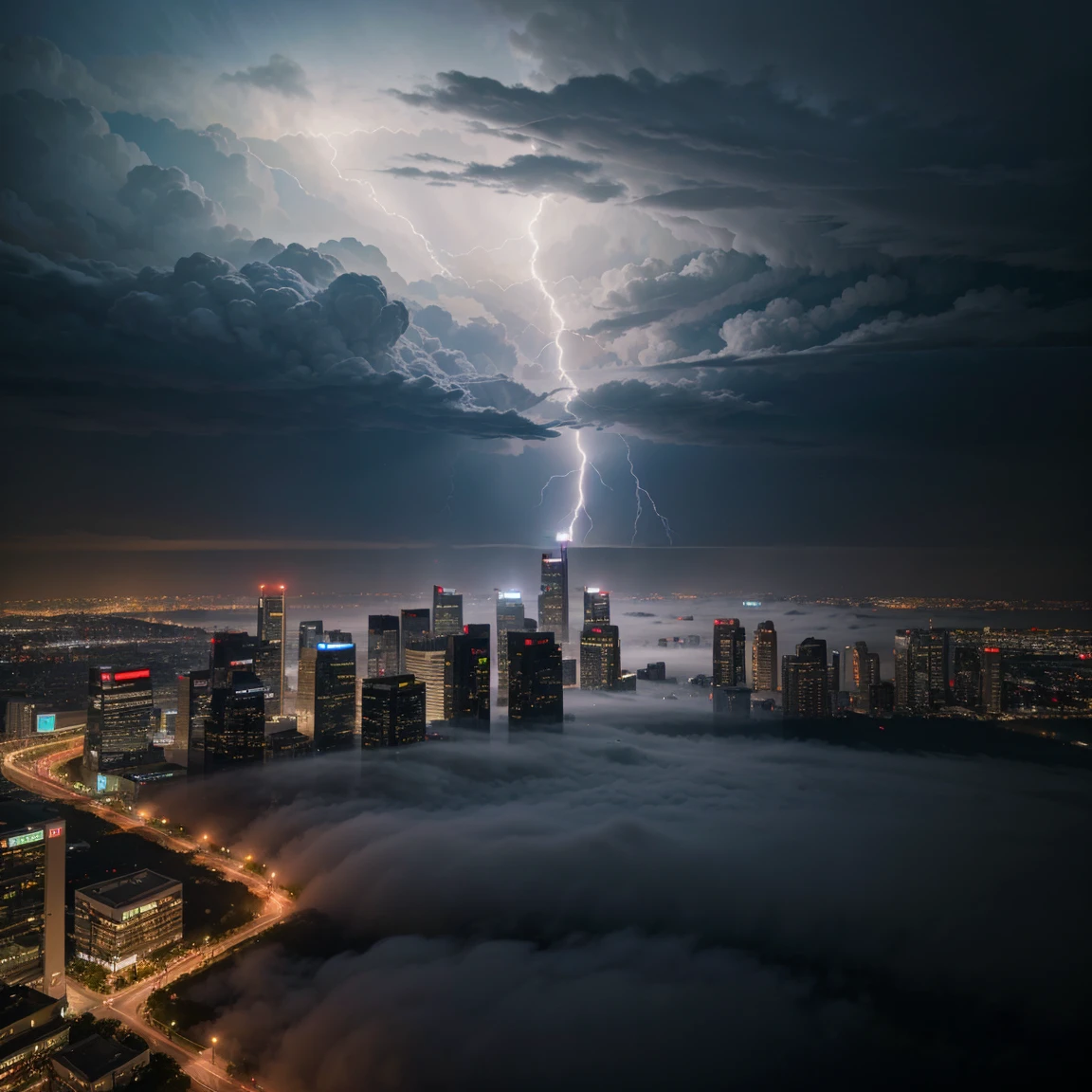 View from the airship cabin, Night view of skyscrapers, (Ultra-high resolution,8k),Fantasy, The world of picture books, (Highest quality), Super detailed, Outstanding Image, (Photorealistic), The fog rolls in, Multiple violent lightning strikes on buildings