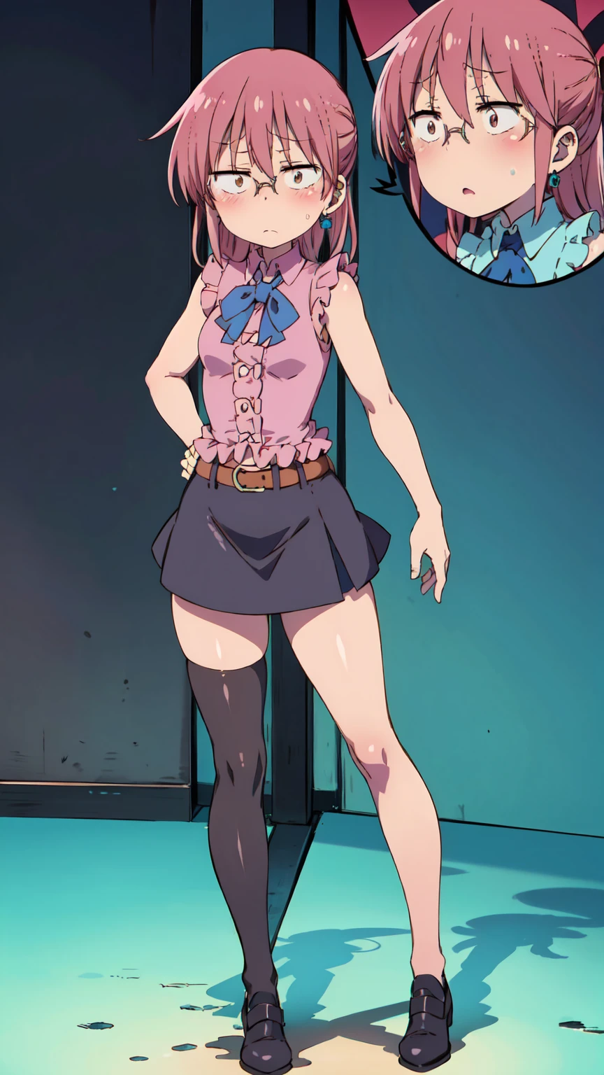 Kobayashi, blushing, frown, Posing embarrassed, (Bust size very very small.)),  (flat chest:1.2), Elizabeth 7ds custom,  ((pink sleeveless blouse with ruffles and blue bow,)), black leather skirt, asymmetrical leggings, pink shirt, black thighs, Belt with buckle, black thigh high stocking on the right leg, turquoise earrings, mini skirt, full body shot,  