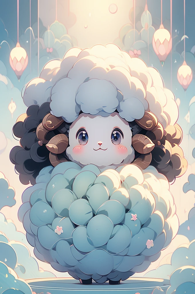 (pastel colour:1.2)、(Cute illustrations:1.2)、(Cute Sheep:1.4)、fluffy、A round ball of yarn、CoroCoro，Spin around，play、fun
