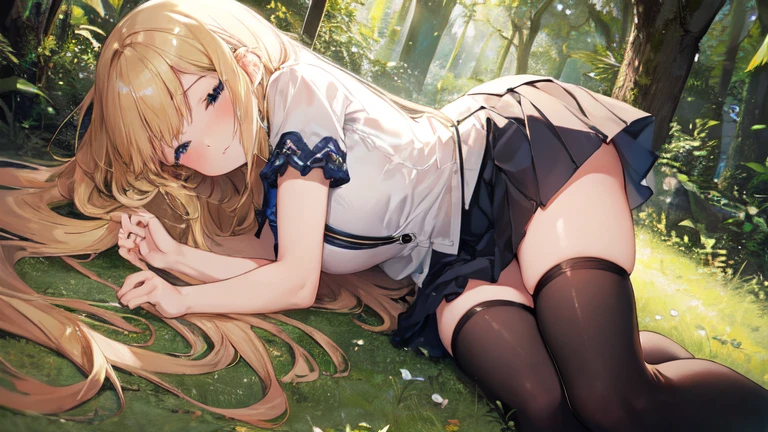 super high quality, Super detailed, Ultra-clear, forest, one person, long blonde hair, sleep, Swimsuit, Beautiful details on clothes, mini skirt, Stockings