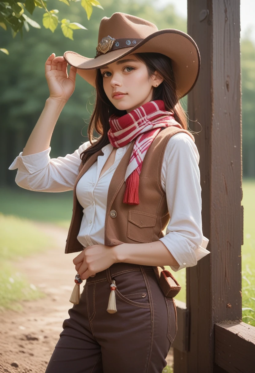 Portrait of a beautiful woman in a muddy farm:1.2 , Cowboy hat, Tassel vest , Pants, scarf , confidence , Medium breasts,