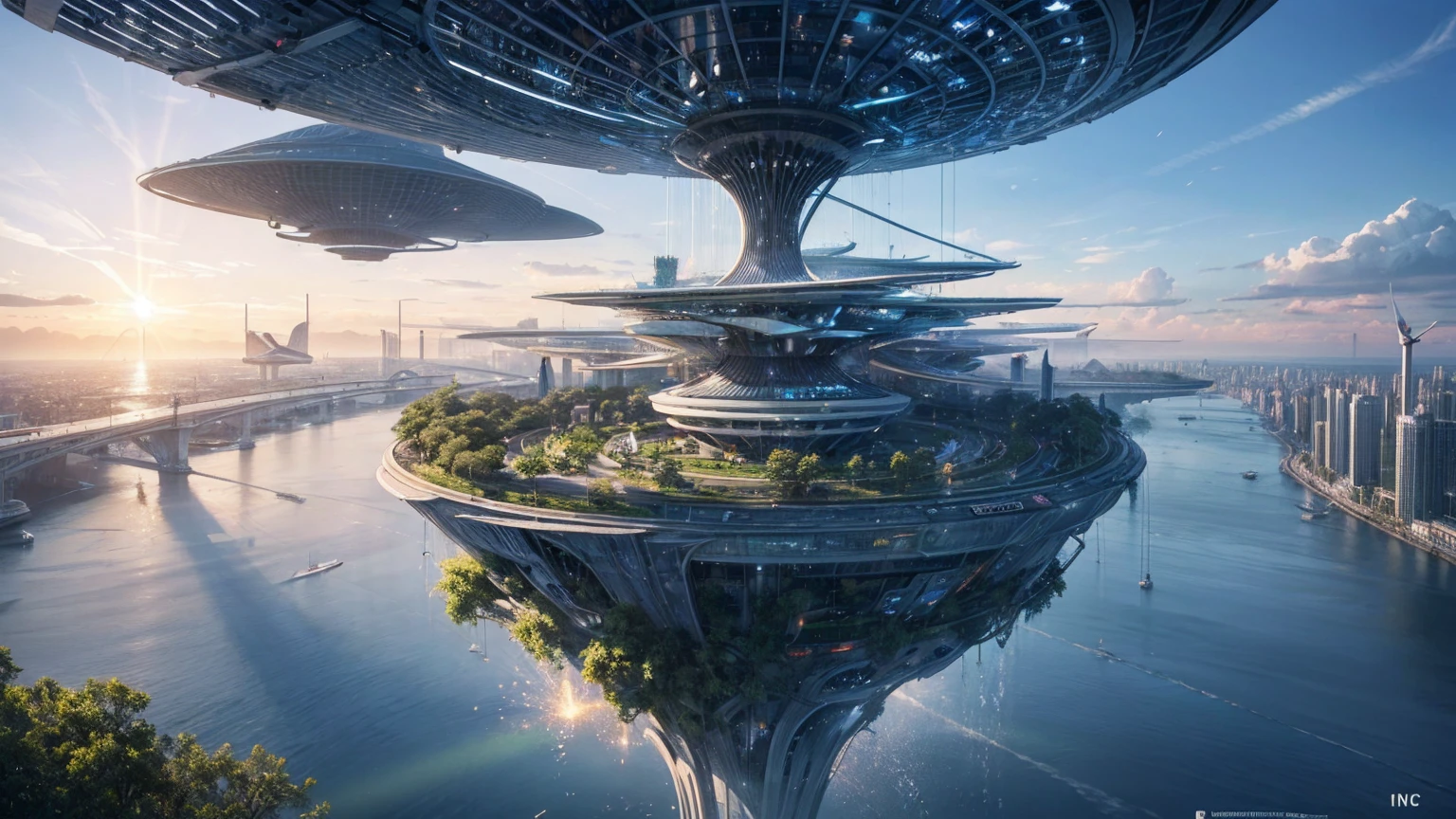 (Best quality,4K,8K,A high resolution,Masterpiece:1.2),Ultra-detailed,(Realistic,Photorealistic,photo-realistic:1.37),Futuristic floating city,Futuristic technology,Huge urban high-tech tablet platform,Airship,Floating in the sky,Futuristic city,Small airships around,High-tech hemispherical platform,Colorful lights,Advanced architecture,modernn architecture,skyscrapper,Access the cloud,Scenic beauty,view over city,Impressive design,Blend seamlessly with nature,energetic and vibrant atmosphere,Futuristic transportation system,Parking is suspended,Transparent path,Lush greenery,Sky gardens,cascading waterfalls,Magnificent skyline,reflections on the water,Sparkling river,Architectural innovation,futuristic skyscrapers,Transparent dome,The shape of the building is unusual,Elevated walkway,Impressive skyline,Glowing lights,Futuristic technology,Minimalist design,Scenic spots,Panoramic view,Cloud Piercing Tower,Vibrant colors,epic sunrise,epic sunset,Dazzling light display,magical ambiance,The future city,Urban Utopia,LuxuryLifestyle,Innovative energy,sustainable development,Smart city technology,Advanced infrastructure,Tranquil atmosphere,Nature and technology live in harmony,Awesome cityscape,Unprecedented urban planning,Architecture connects seamlessly with nature,High-tech metropolis,A cutting-edge engineering marvel,The future of urban living,Visionary architectural concept,Energy-efficient buildings,Harmony with the environment,A city floating above the clouds,Utopian dreams become reality,The possibilities are endless,State-of-the-art transportation network,Green energy integration,Innovative materials,Impressive holographic display,Advanced communication system,Breathtaking aerial view,Quiet and peaceful environment,Modernist aesthetics,Ethereal beauty