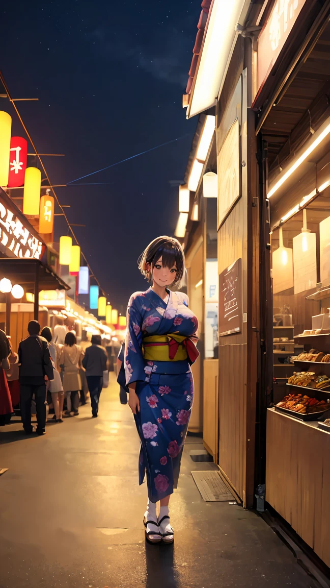 Standing wearing yukata、Outstanding smile、 milf 、Japanes、huge breast、short hair、(gleaming skin:1.4)、arms behind back, pigeon toed, Esbian all over body、(outdoor, festival, night:1.2)