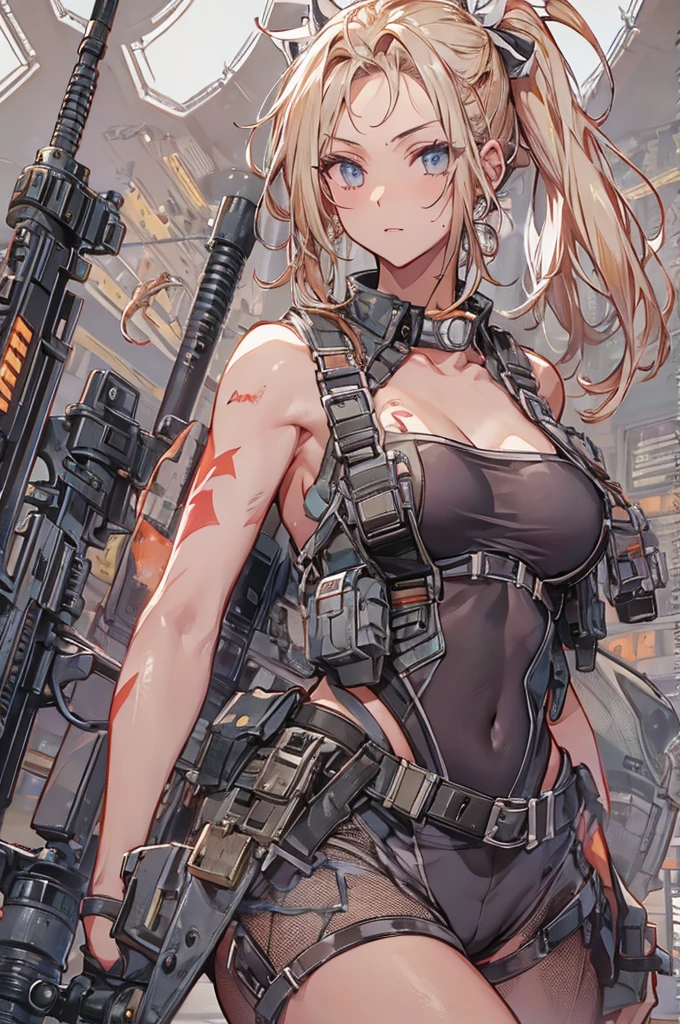 ((Highest quality))、((masterpiece))、(detailed)、((Anatomically correct))、(High resolution、8k)、(Beautiful Skin:1.1)、One woman、(Beautiful eyes:1.2)、(sniper rifle)、MP5A3、(sniper rifleを構える:1.3)、Splattering cartridge cases、Blonde、ponytail、Black short tank top、Erect nipples、Belly button、Black hot pants、A flaming battlefield