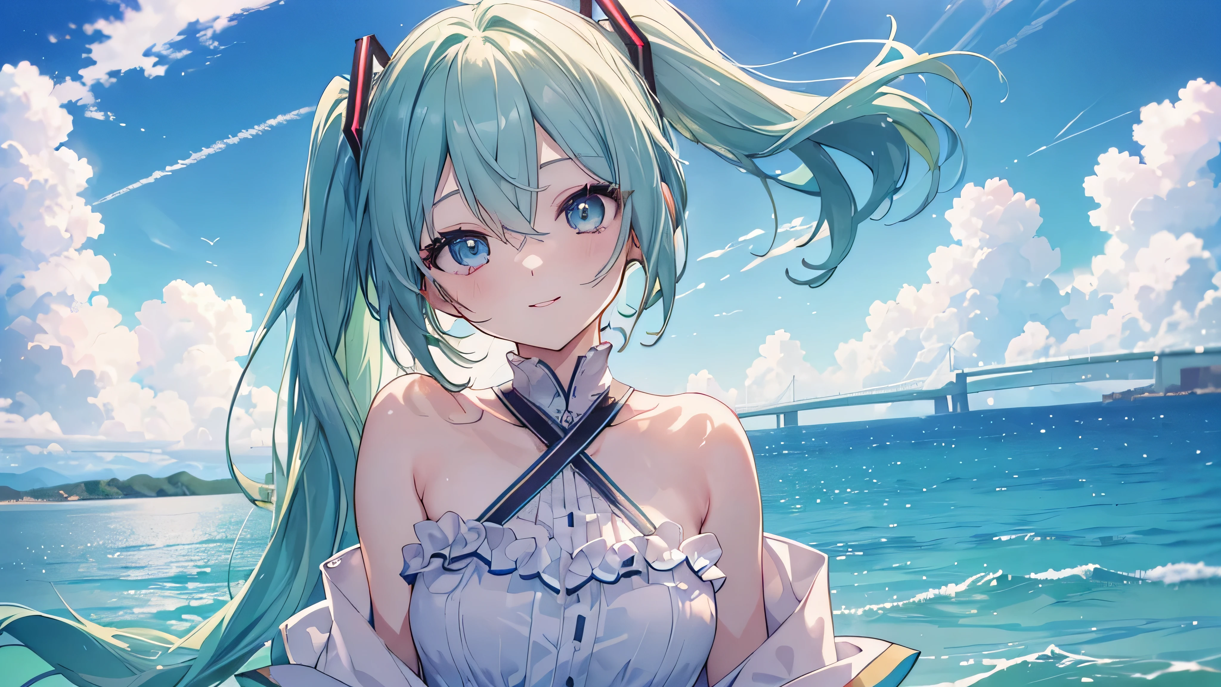 (((Highest quality、masterpiece、Ultra-fine、Ultra-fine、Green Hair,Exquisite、16K、Full HD、Asahi、Top-down angle,Hatsune Miku,))), ((summer,Private Server,Angle from below)))Blue Eyes、Long eyelashes、White skin、(Pale pink lips、Pale pink cheeks、thin and long)、 (((cute,The best smile)), ((One person)) 、(blue sky)) 、 (水しぶきがきらめくsummerの日)、