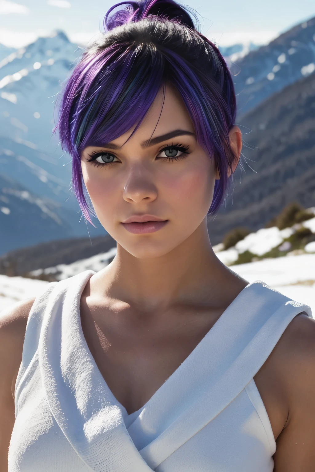 (Photo_(middle):1.2), Antonio J.. Mansanedo, Jeremy Lipking, 1 girl, looking at the camera, (facing the viewer:1.1), (Photorealistic:1.2), hyperrealistic, Photorealism, Close-up, Head and shoulders, purple hair with rainbow streaks, short hair, Ponytail, bang, Blue eyes, friendly, eyelashes, steampunk, without sleeves, subsurface skin scattering, Snowy mountain background, symmetry, depth of field, 8 K, visual effects, HDR, RTH