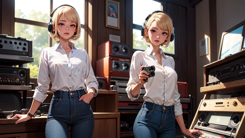 (masterpiece, Best quality:1.4), ultra detailed, soft light, daylight, cinematic light, granularity, (depth of field), (1 woman, One:1.4), mature woman, perfect female form, (perfect face, detailed face, glossy lips, Eyeliner), short hair, blonde, (natural breasts), (white unbuttoned shirt, jeans, split), (Mixtape:1.4), (Music Store, discs, vinil, radios, amplifiers, speakers, headphones), (standing),