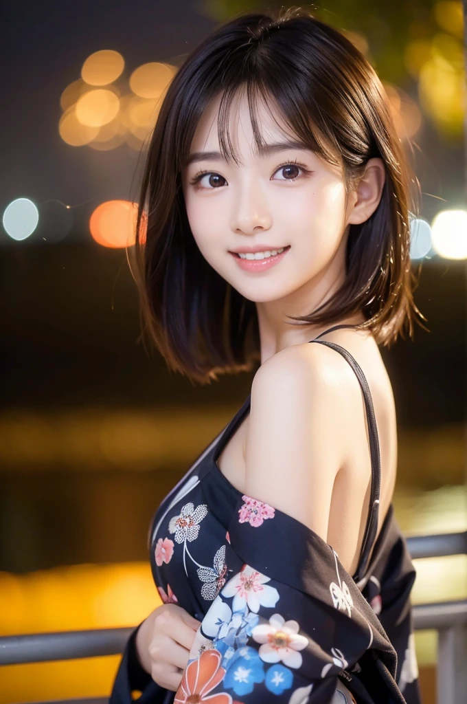 Image resolution 8K、Masterpiece:1.3)、cute、1 girl、Dark Brown Hair:1.1、(body:1.2)、Ultra-detailed face、Attractive lips、double eyelid、Ultra-realistic and detailed goldfish patterned Japanese yukata、Japanese、cute女の子、10th Generation(18-year-old)、Smiling with a nice smile、Hair blowing in the wind、Short Hairstyle、In the background, people are watching fireworks on the riverbank、