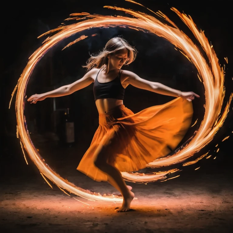 long exposure photo of a {girl dancing in the fire(metal effect:1.5)} in motion, blurred edges, slow shutter speed motion photography, shot on FujiFilm XT4 camera f/2. ISO 200