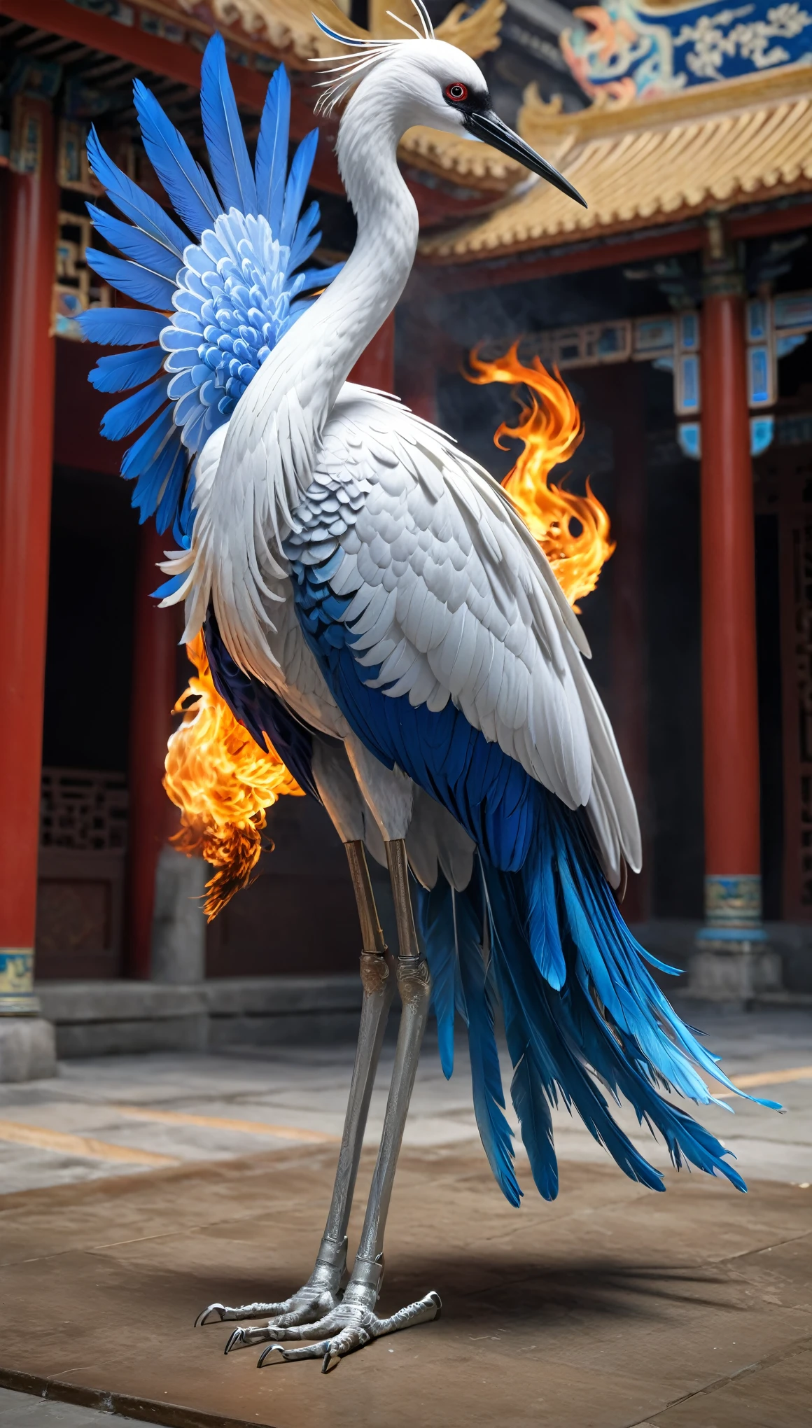 A divine bird from Chinese mythology, resembling a crane with blue and white feathers, standing on one leg with flames emanating from its foot, symbolizing fire and forewarning.
high resolution, Best quality, High Detail, Very detailed, Wide-angle lens, Rotated, Canon, Ray Tracing, photography, 超Realism细节画派, Reality, Realism, 超Realism, Realism,Multiple Views,