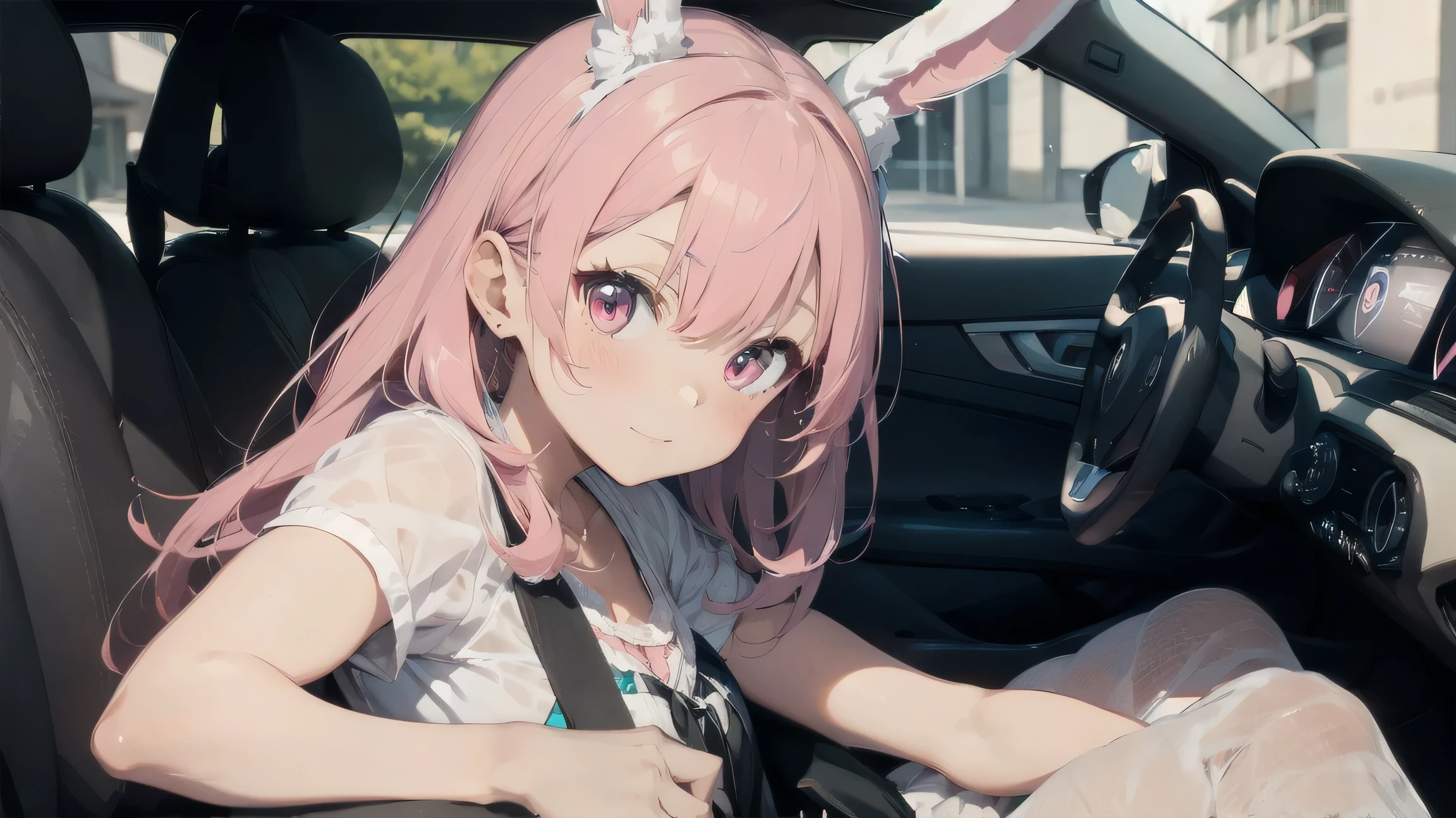 Highest quality, pretty girl, pastel colour, Fluffy bunny ears,Pink Hair,Pale pink eyes、drive,car,driving