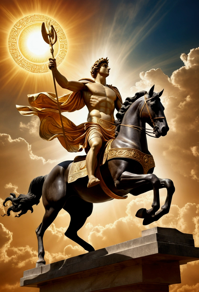 (Ancient Greek Art), Greek mythology, the sun god Apollo drives his chariot across the sky, representing the brilliance of the sun, Apollo's chariot is decorated with exquisite patterns, the clouds in the sky are dyed golden by the sun, full body, award-winning, cinematic still, emotional, vignette, dynamic, vivid, (masterpiece, best quality, photorealistic, Professional, perfect composition, very aesthetic, absurdres, ultra-detailed, intricate details:1.3)