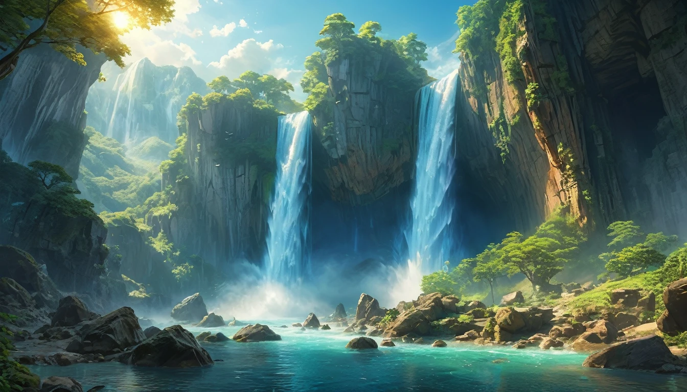 (anime, fantasy, waterfall), (best quality, highres, HDR:1.2), vibrant colors, heavenly atmosphere, ancient cliff, intricate, ethereal beauty, fantastical landscapes, ethereal light, dramatic lighting, general shot