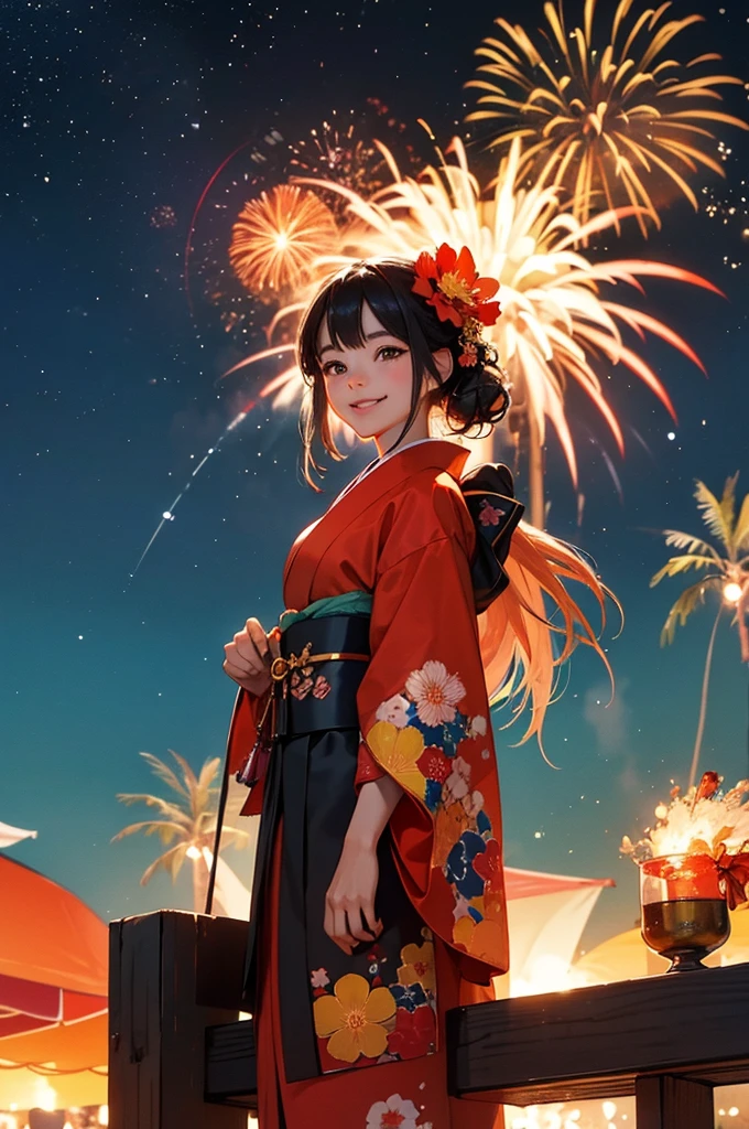 A smiling young girl in a kimono with a large amount of fireworks exploding in the night sky at a summer festival in the background