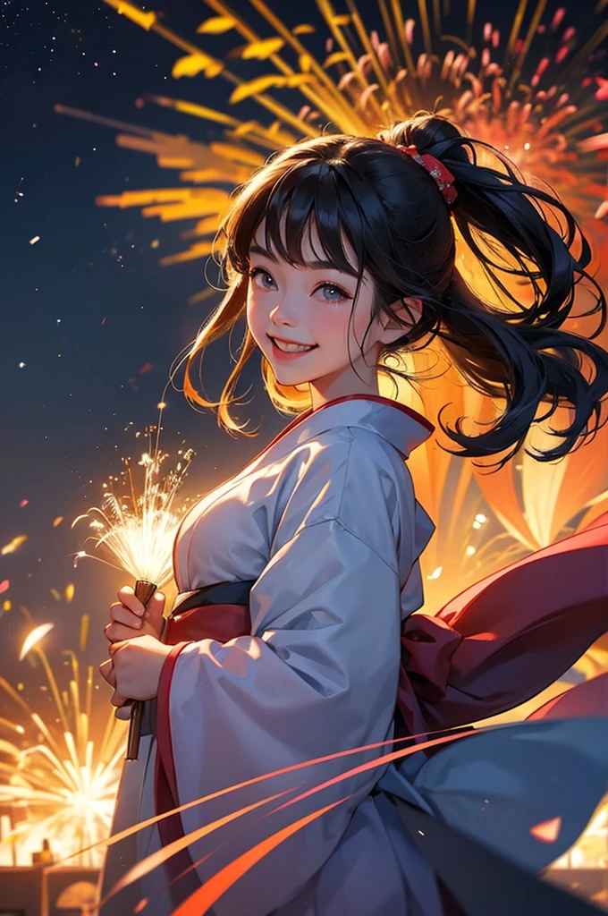 A smiling young girl in a kimono with a large amount of fireworks exploding in the night sky at a summer festival in the background