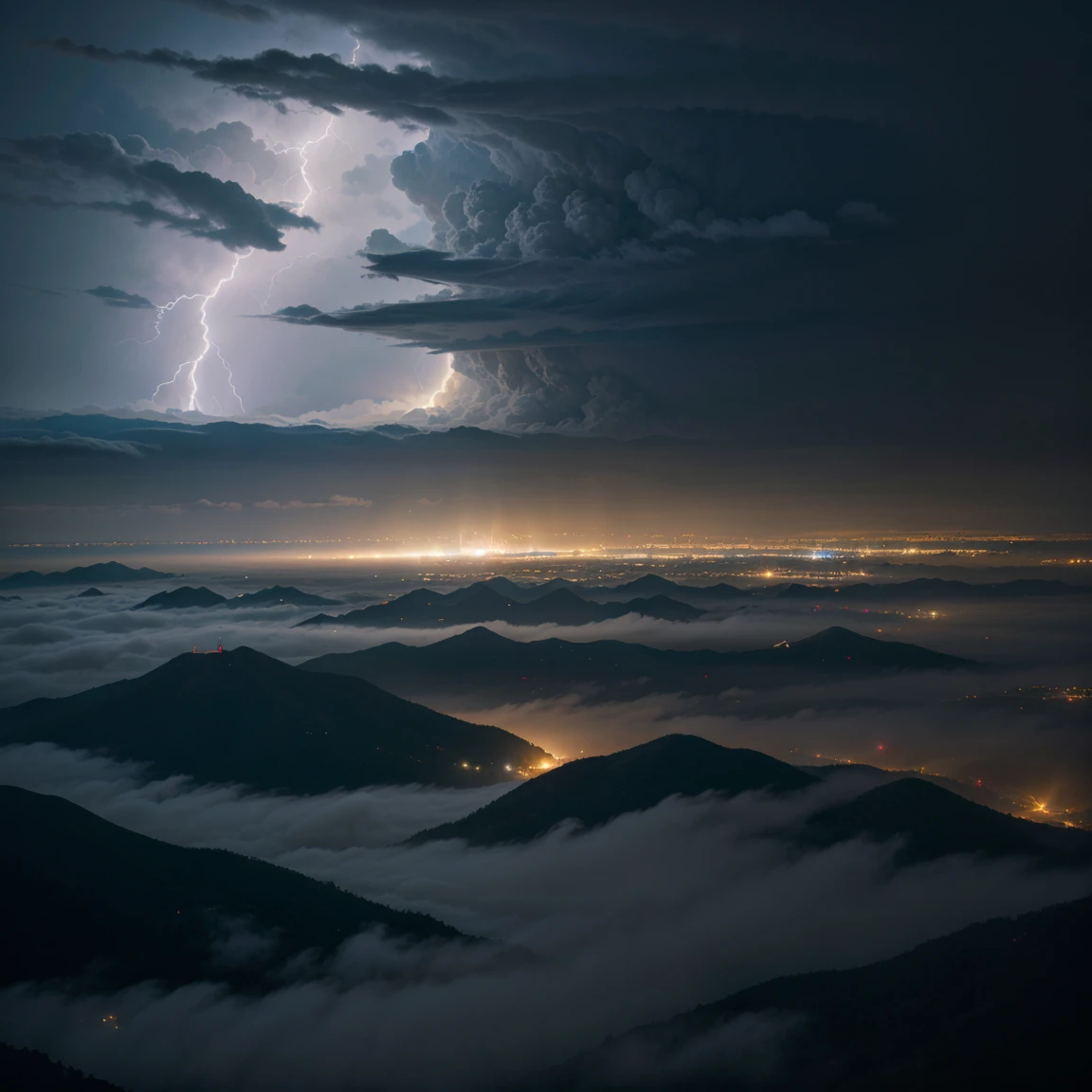 View from the airship cabin, Night view of skyscrapers, (Ultra-high resolution,8k),Fantasy, The world of picture books, (Highest quality), Super detailed, Outstanding Image, (Photorealistic), The fog rolls in, (Severe lightning strike), (Numerous flying objects)