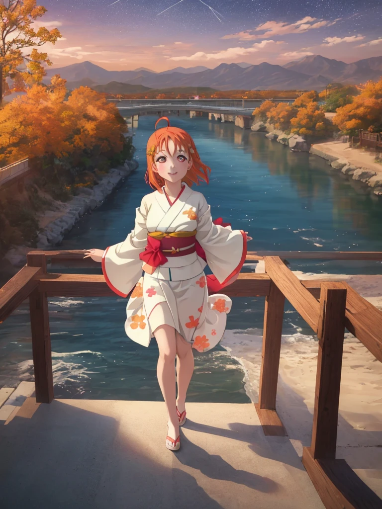 Create an image of Chika Takami from Love Live! Sunshine. She has orange hair, red eyes, and is wearing a white yukata with floral patterns. Her hair is gently swaying in the wind as she smiles. It's nighttime with stars in the sky, set by the sea and mountains, on a bridge. A single firework is in the sky. The image should be full-body, of the highest quality, with accurate finger count.far and near method, Shoulder-length hair、From the top of the bridge