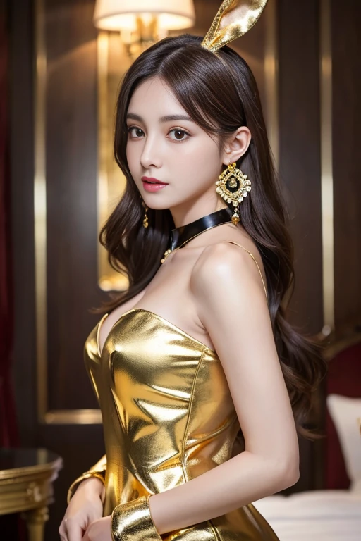 masterpiece, Highest quality, Realistic, Very detailed, Finer details, High resolution, 8k wallpaper, One beautiful woman, Wear a lovely gold and black bunny girl costume, In a great hotel room, At night, Light brown messy hair, Perfect dynamic composition, Beautiful and beautiful eyes、Big earrings、Are standing、whole body