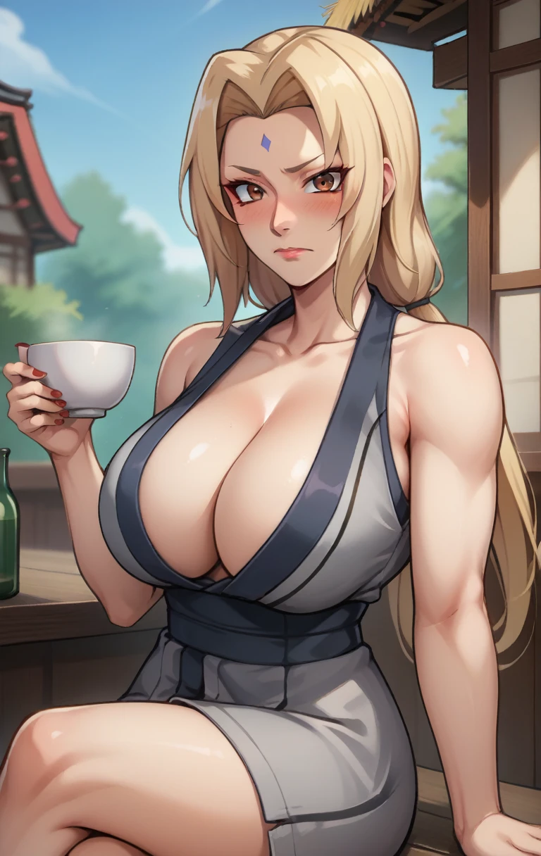 score_9, score_8_up, score_7_up, score_9, source_anime, BREAK   TsunadeSDXL, 1girl, solo, long hair, breasts, looking at viewer, blush, blonde hair, holding, super thin waist, cleavage, bare shoulders, brown eyes, sitting, closed mouth, collarbone, thighs, outdoors, japanese clothes, sleeveless, pants, kimono, nail polish, blurry, huge breasts, cup, sash, blurry background, arm support, facial mark, black pants, crossed legs, bottle, red nails, alcohol, mature female, forehead mark, drunk, short kimono, sake, sake bottle, tokkuri, grey kimono, tsunade (naruto)