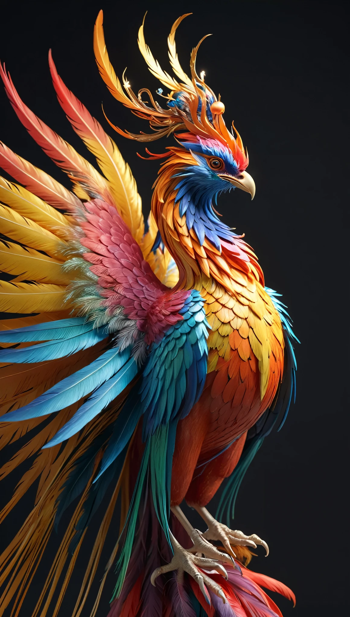 A majestic Chinese phoenix with vibrant, multicolored feathers, a crown on its head, and a long, elegant tail, embodying grace, beauty, and harmony.
high resolution, Best quality, High Detail, Very detailed, Wide-angle lens, Rotated, Canon, Ray Tracing, photography, 超Realism细节画派, Reality, Realism, 超Realism, Realism, Unreal Engine, 