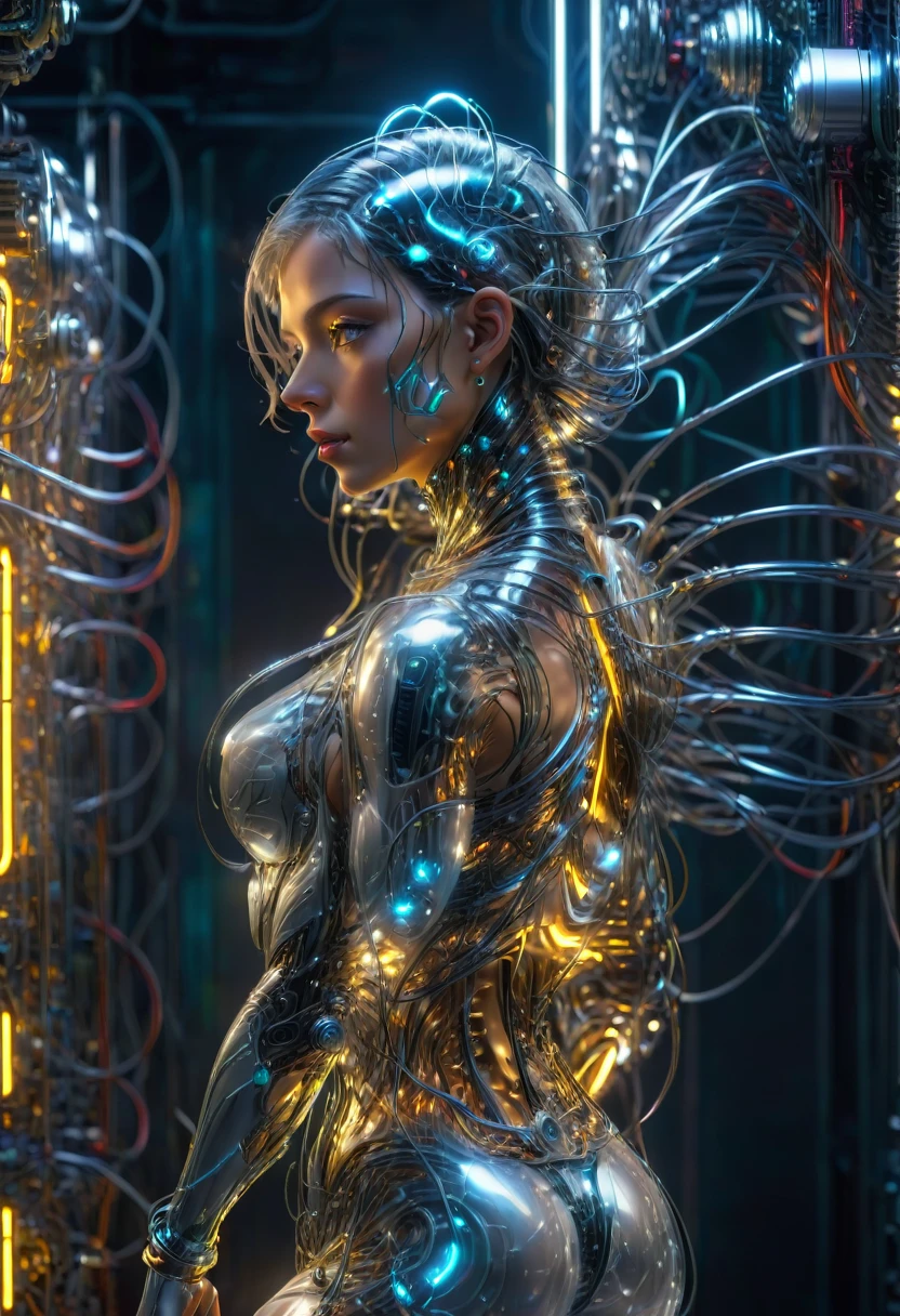 Ultra-Realistic Capture,18k,RAW Photos,Highest quality,masterpiece,reality,Very detailed,Female Android,Glamour,彼女のWet body全体が見える,(((Beautiful Skin, Transparent glass skin,Transparent muscles)), ((Clear images of electronic systems)), Detailed Brain Vision, Numerous detailed connection lines, Mechanical Limbs, Tubes connected to machine parts, Mechanical vertebrae attached to the spine, Mechanical cervical attachment to the neck,Joints are mechanical,Numerous wires and cables connected to the head, (whiteい液体のプールの中で), cybernetics, cyber punk,Sharp focus, Hyperrealism, Very detailed, Intricate details,Small glowing LED lamp, Global Illumination, Deep Shadow, Octane Rendering, Ultra Sharp, Metal, Exquisite decorative details, Baroque details, reality的な光, To the camera, Neon Details, Complex body poses, A breathtakingly beautiful female humanoid cyborg android, Impressive big eyes, Delicate features, Future SF, Complex transparent mechanical parts, Numerous glowing cybernetic implants throughout the body, Active Pause, Surreal, reality的, masterpiece,Cinema Lighting, Dramatic Shadows, Vibrant colors, very saturated, Neon Highlights, Glowing Energy Field, Complex Machinery, Sleek and modern, State-of-the-art technology, Advanced AI, Seamless integration of organic and mechanical elements,Portraiture,((Very long grey hair)),Long legs,Standing on tiptoes,Wet Hair,Disheveled Hair,white,Wet body,whole body,Acrobatic pose,Random Pause,