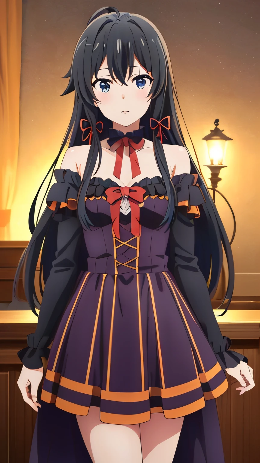 (masterpiece, best quality, highres, 8k:1.2), (anime), yukino, long hair, ahoge, Small medium breast, hair ribbon, (Halloween Costumes, Vampire costume, exposure, room, night), Cowboy shot, looking at viewer,