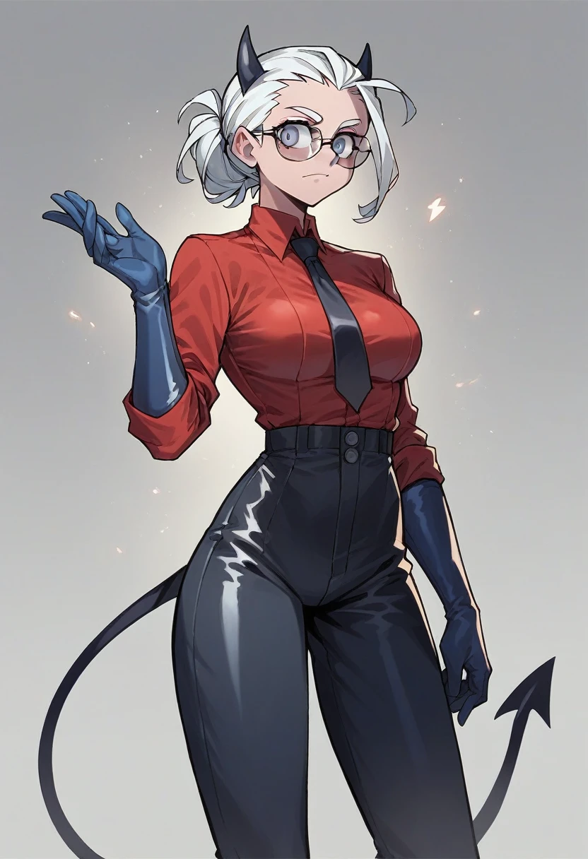 1girl, justice \(helltaker\), ((blue elbow gloves)), ((surgical gloves)), ((latex gloves)), (red shirt), (((long sleeves))), (tie), (pants), (black aviator glasses), looking at viewer, standing, solo