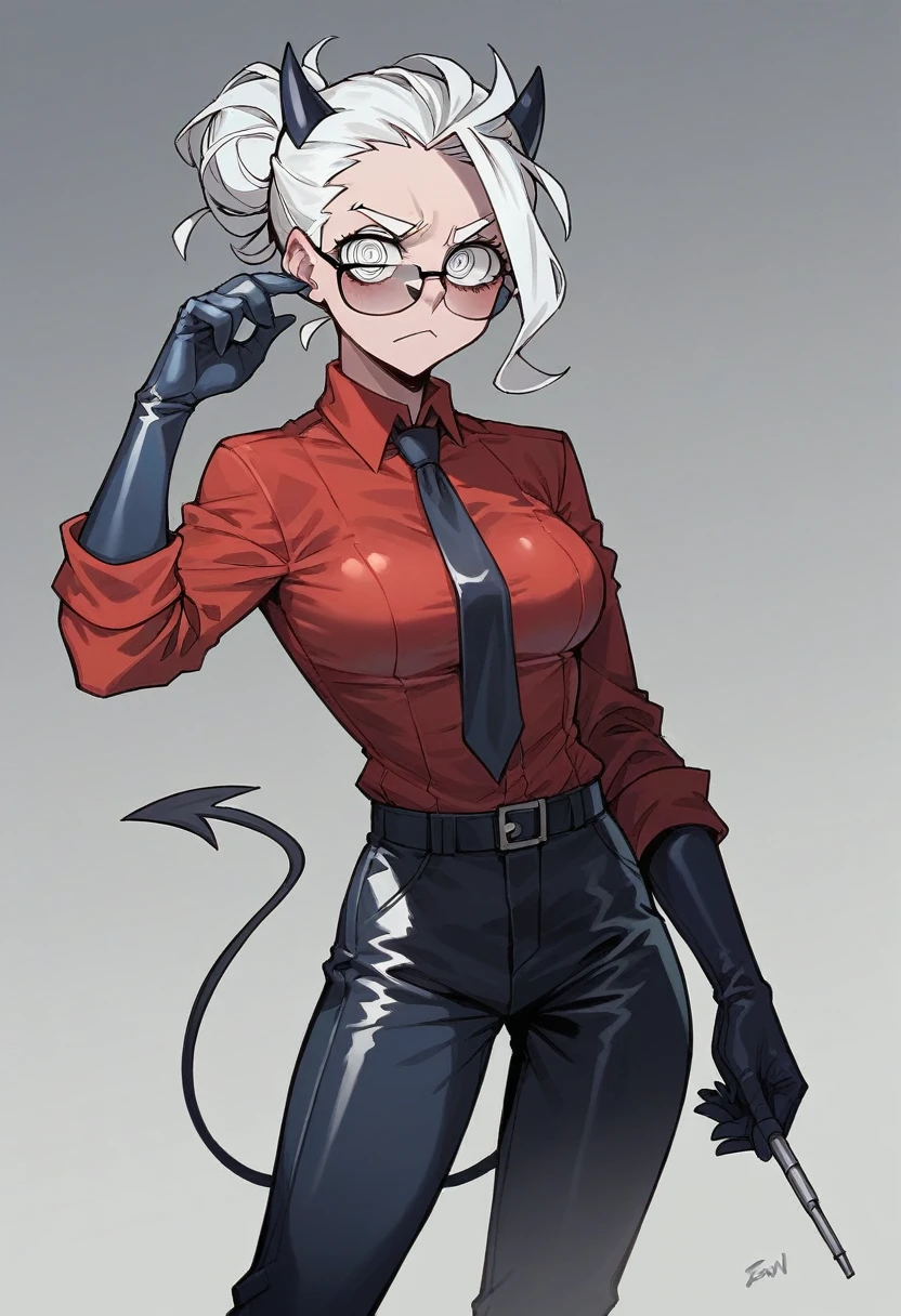 1girl, justice \(helltaker\), ((blue elbow gloves)), ((surgical gloves)), ((latex gloves)), (red shirt), (((long sleeves))), (tie), (pants), (black aviator glasses), looking at viewer, standing, solo