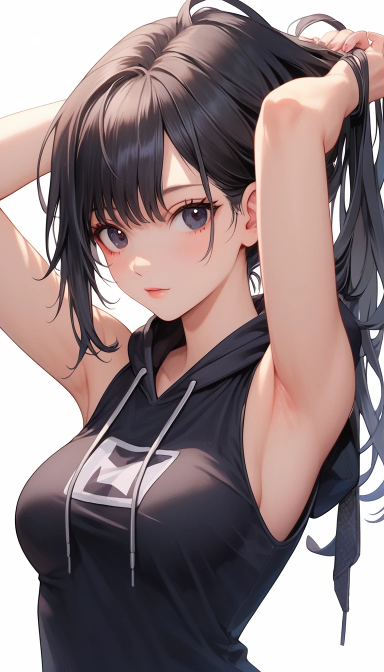 Masterpiece, Score_9, score_8_up, 8k, ultra-detailed, Ultra-high resolution, high-quality, 1girl, cute, perfect anatomy, black hair, black eyes, arms up, tying hair, arms up, sleeveless hoodie, sexy, medium breasts 