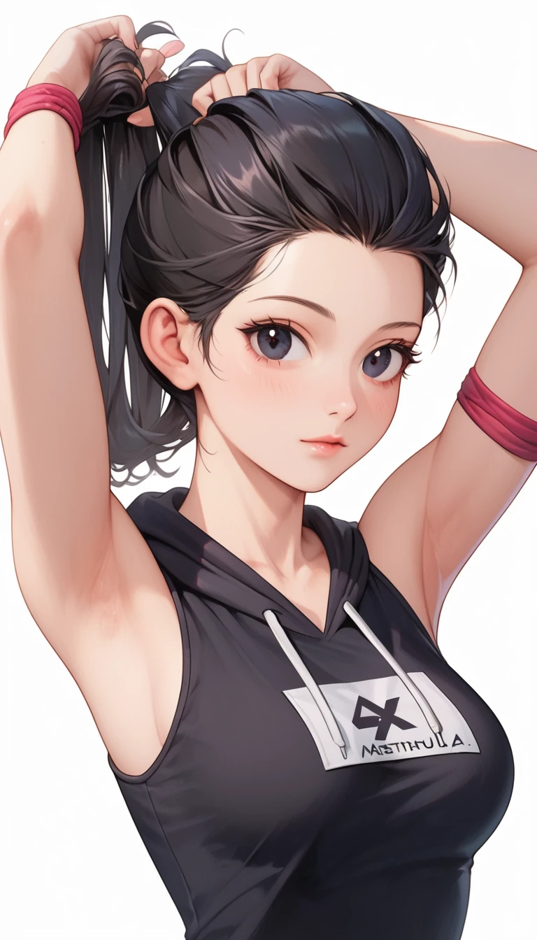 Masterpiece, Score_9, score_8_up, 8k, ultra-detailed, Ultra-high resolution, high-quality, 1girl, cute, perfect anatomy, black hair, black eyes, arms up, tying hair, arms up, sleeveless hoodie, sexy, medium breasts 